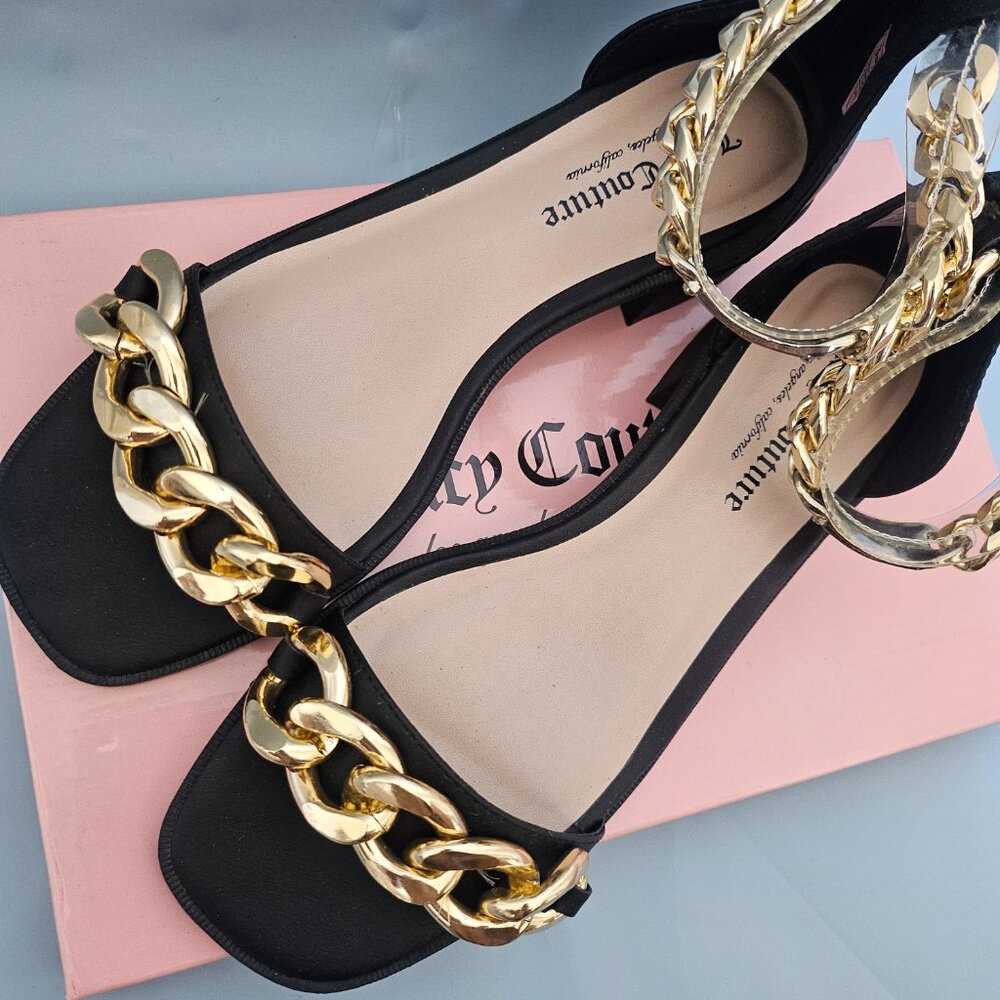 Juicy Couture Themis Chain Sandals Black Gold Block Heel Size 8.5 NWT - Picture 3 of 10